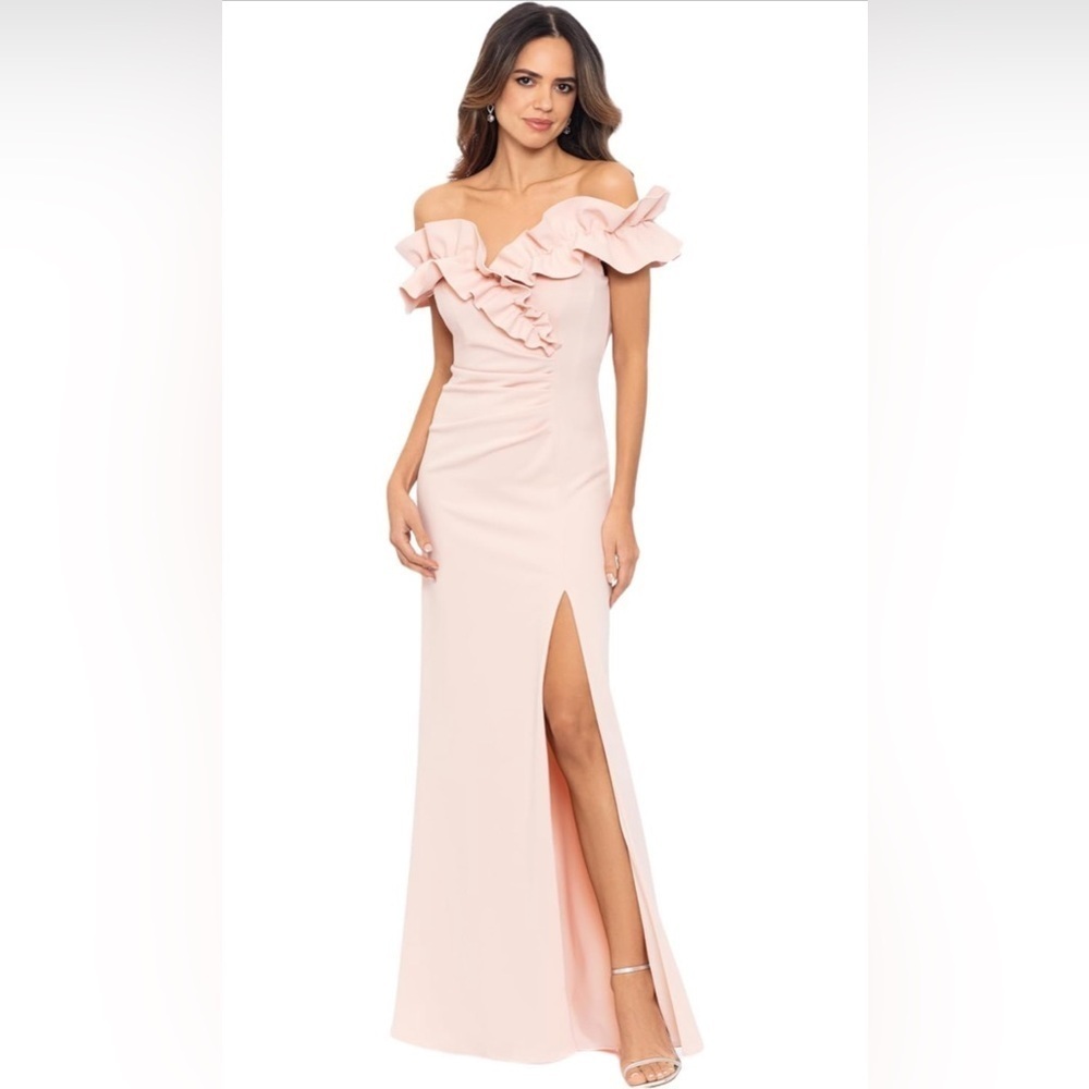 NWT- Xscape Women's Long Stretch Scuba Crepe Ruffle Collar Ruched Dress